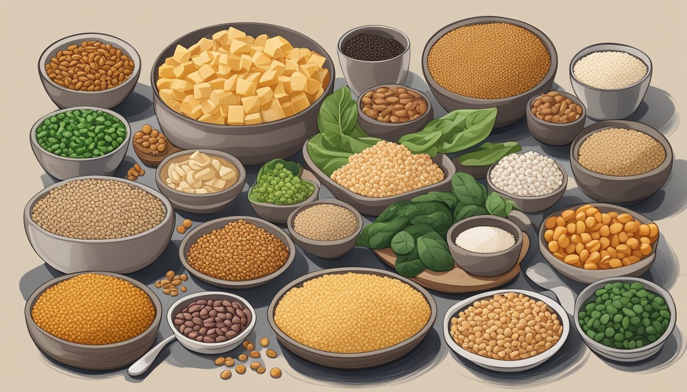 A variety of non-dairy iron-rich foods arranged on a table, including beans, lentils, tofu, spinach, quinoa, and fortified cereals