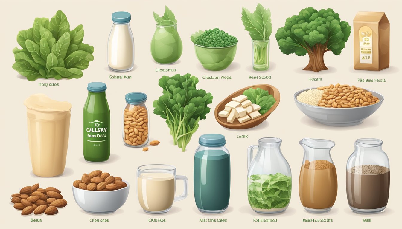 A variety of non-dairy calcium sources such as leafy greens, almonds, and fortified non-dairy milk, alongside iron-rich foods like beans, seeds, and tofu