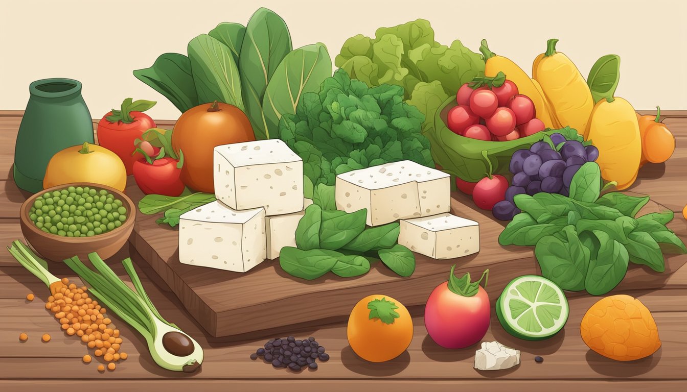 A variety of iron-rich foods such as spinach, lentils, and tofu arranged on a wooden cutting board with a colorful assortment of fruits and vegetables in the background