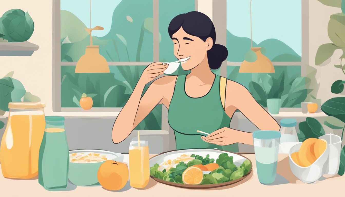 A person enjoying a dairy-free meal while engaging in low-impact exercise to manage joint pain caused by lactose intolerance