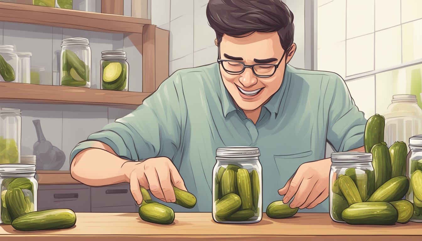 A person with lactose intolerance grimacing while trying to open a jar of pickles, with a visible discomfort in their joints