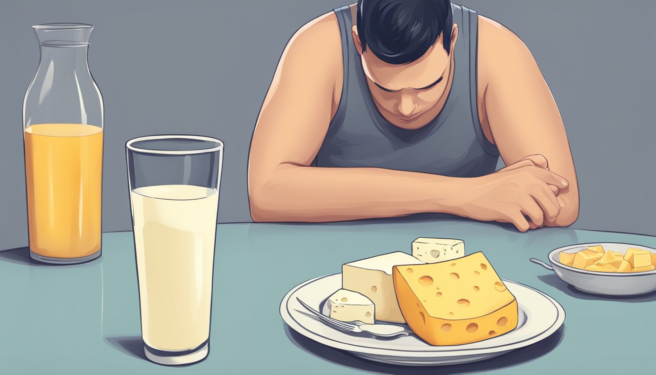 A person holding their stomach with a pained expression, while a glass of milk and a plate of cheese sit untouched on a table