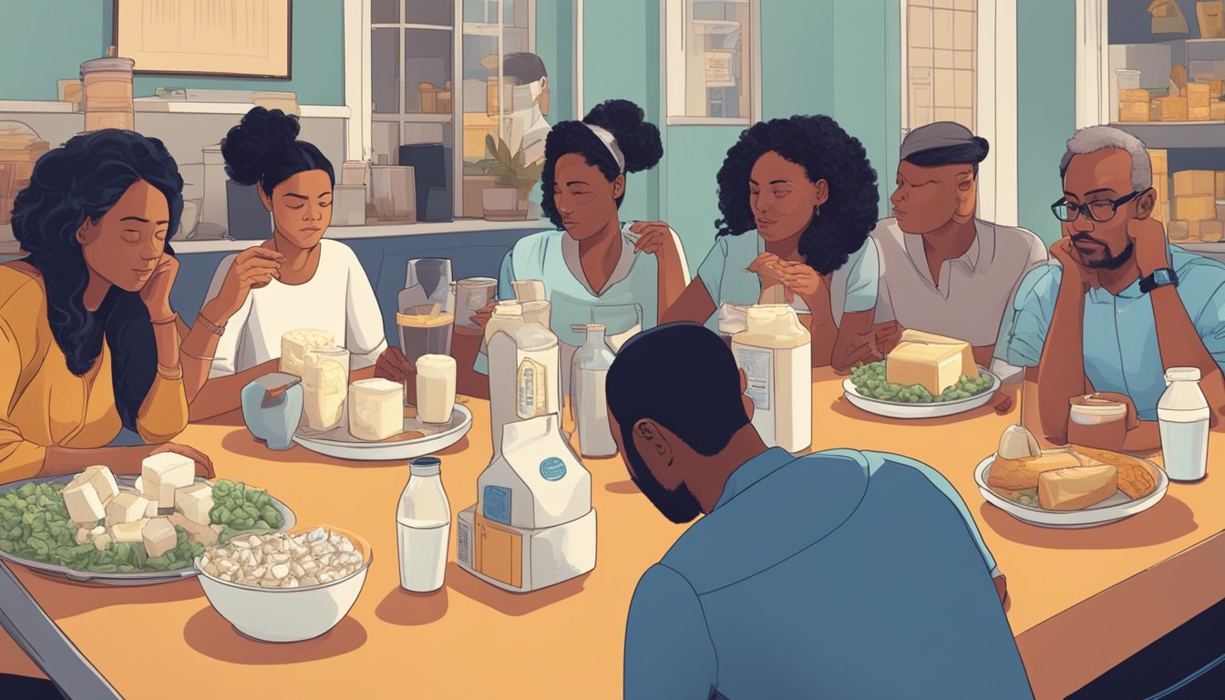 A diverse group of people sitting at a table with various dairy products, some looking uncomfortable while others seem unaffected