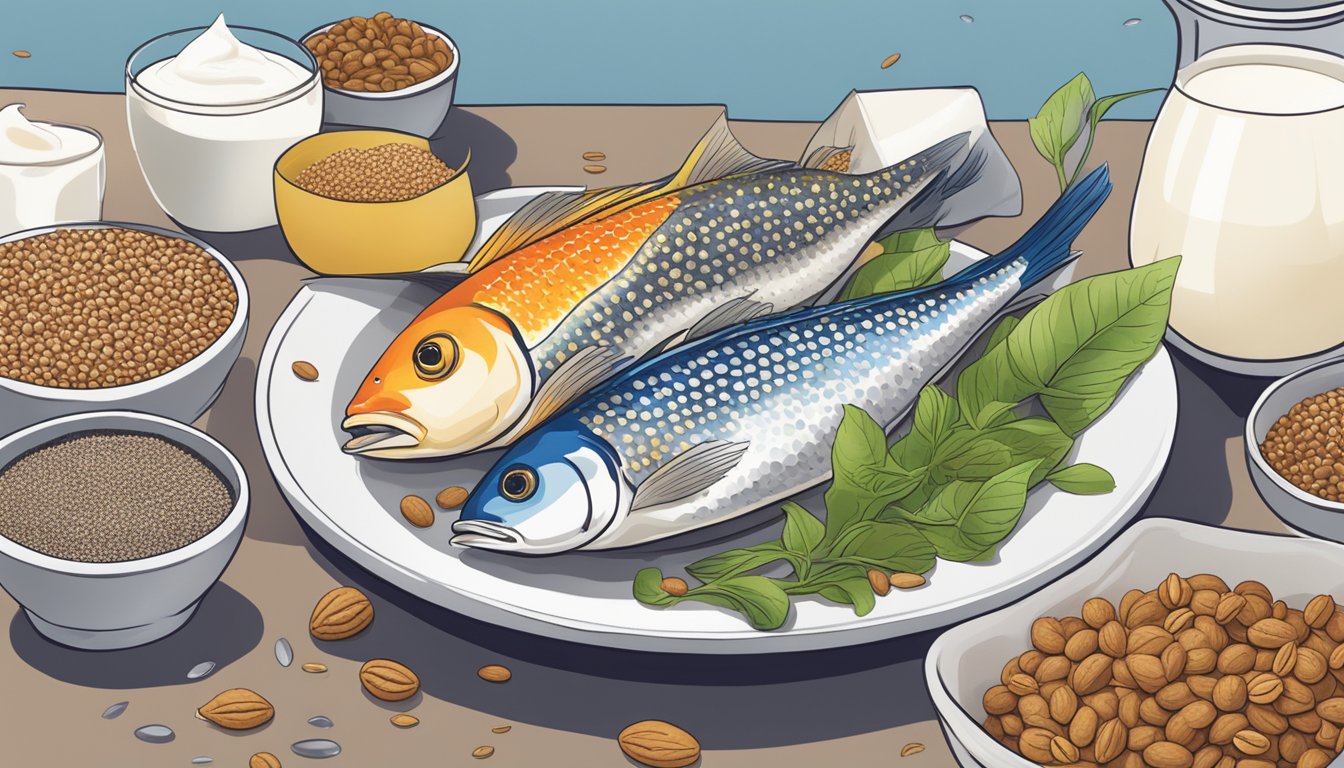 A colorful array of fish, flaxseeds, chia seeds, and walnuts arranged on a table, with a lactose-free milk carton in the background