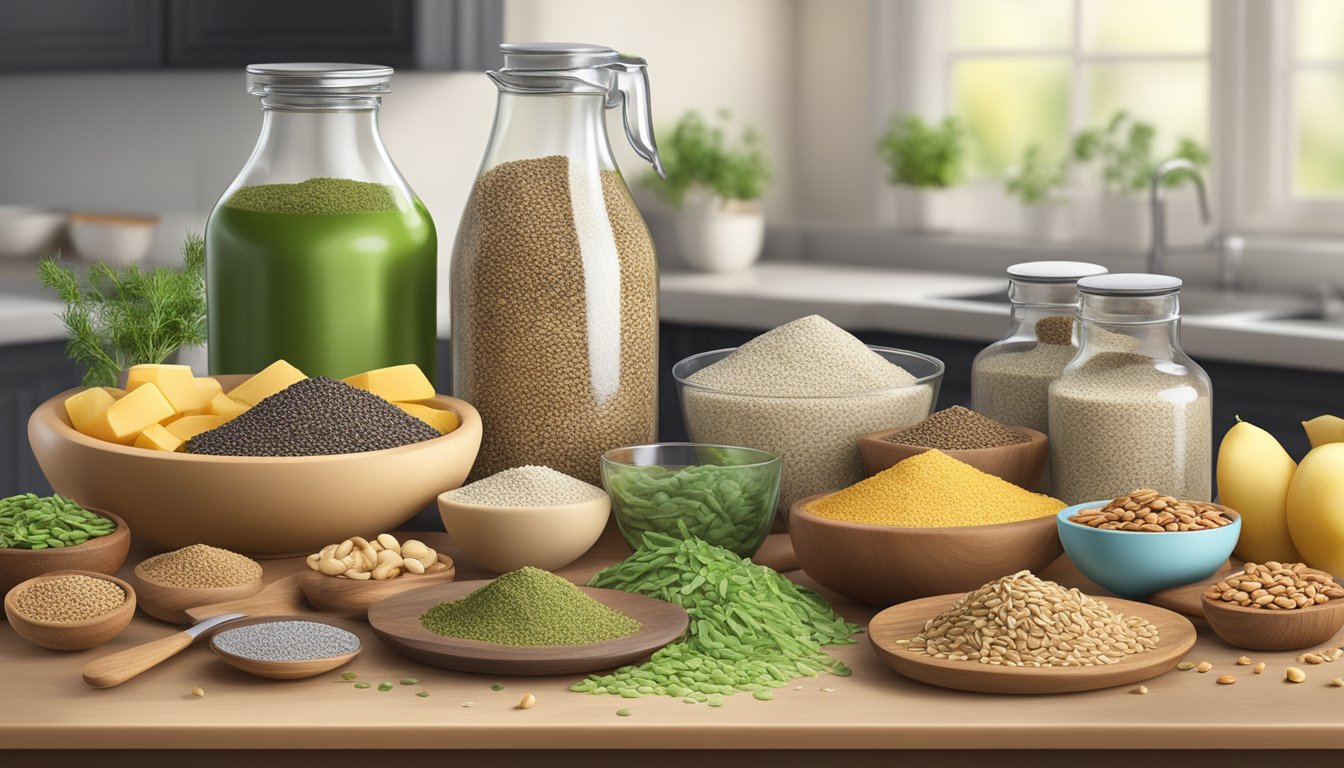 A kitchen counter with a variety of lactose-free foods rich in omega-3 fatty acids, such as flaxseeds, chia seeds, walnuts, and algae oil