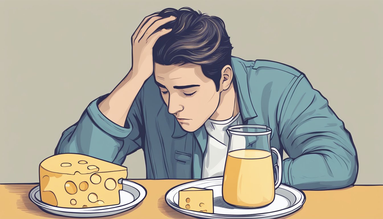 A person with a pained expression holding their head while looking at a glass of milk and a plate of cheese, with a question mark above their head