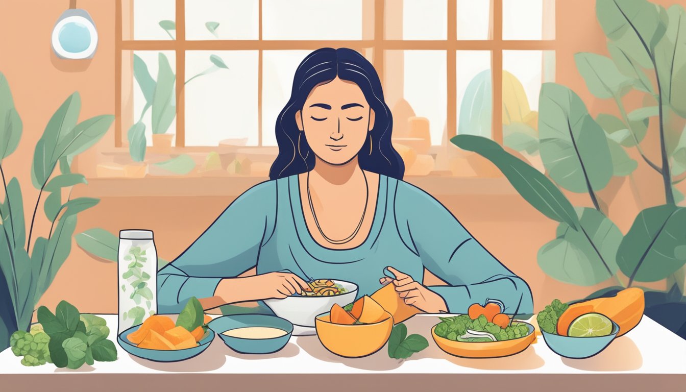 A person enjoying a dairy-free meal while engaging in stress-relieving activities, such as yoga or meditation, to manage migraines