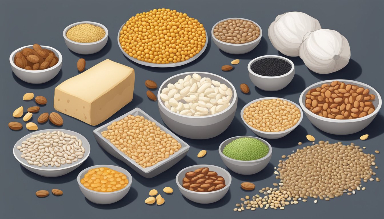 A variety of zinc-rich foods spread out on a table, including beans, nuts, seeds, and whole grains