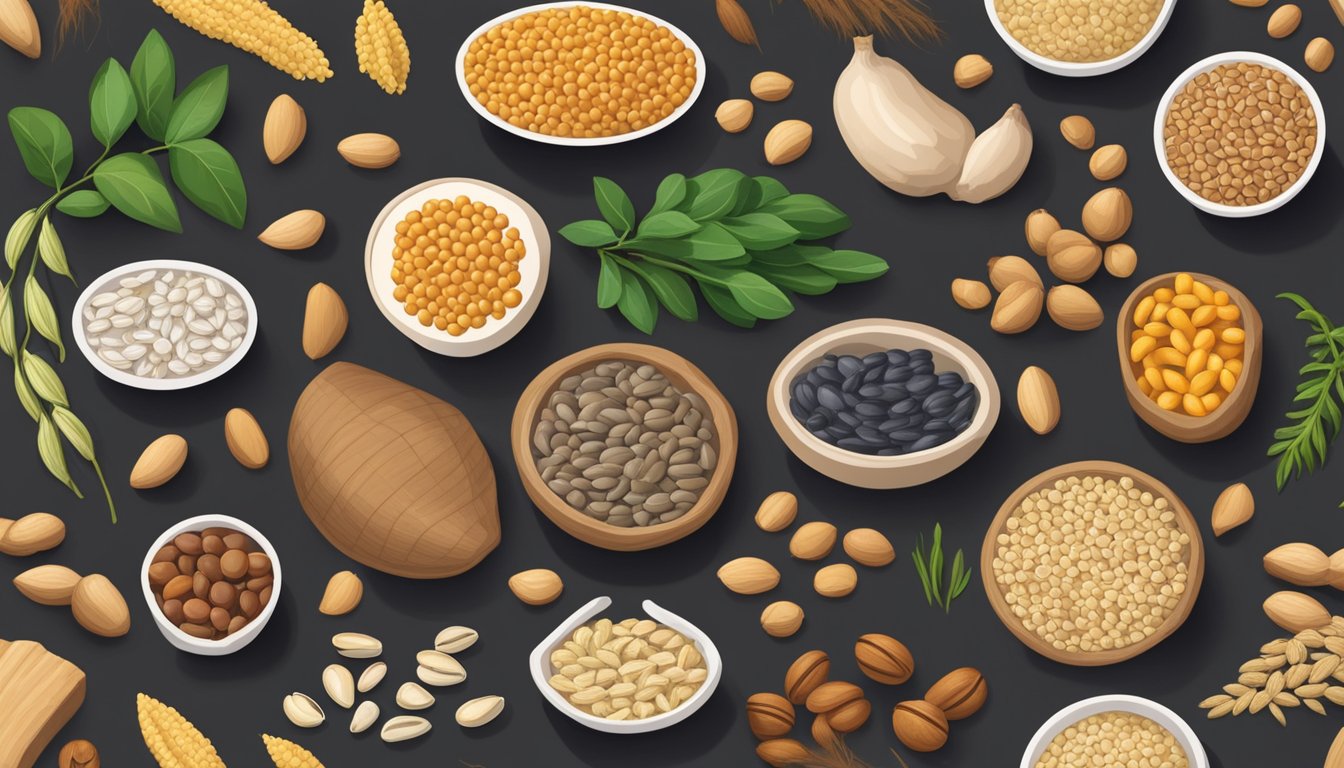 A variety of zinc-rich foods like legumes, nuts, seeds, and whole grains arranged on a table