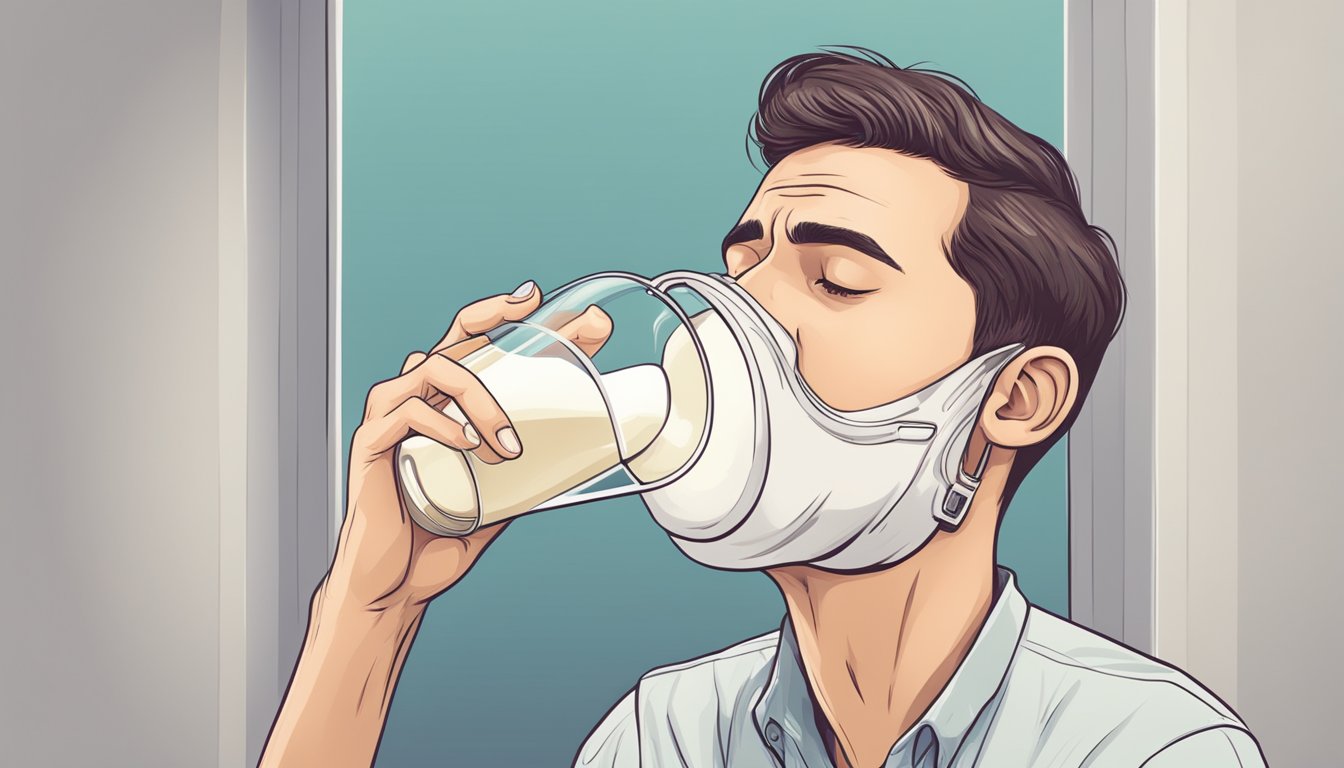 A person drinking milk and experiencing difficulty breathing