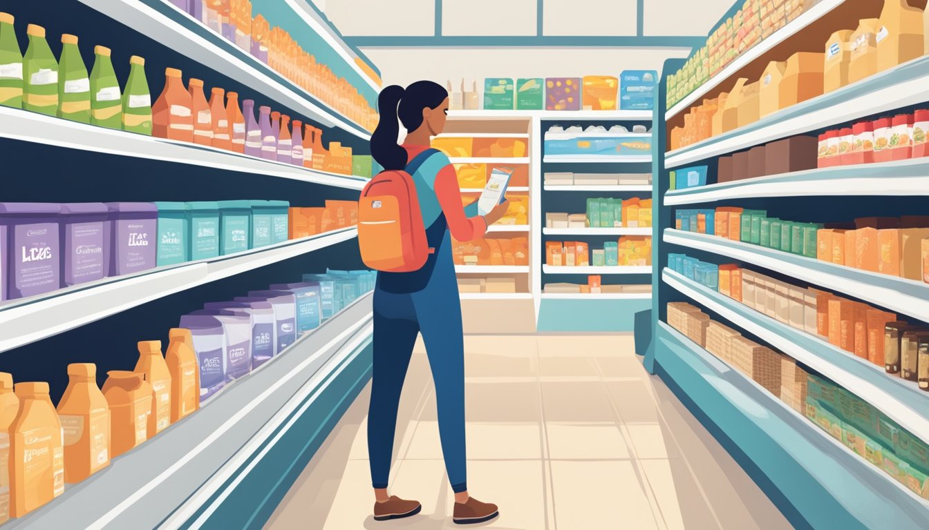 A person standing in a grocery store aisle, holding a food product and carefully examining the nutrition label for lactose content. Nearby, shelves are stocked with various dairy alternatives