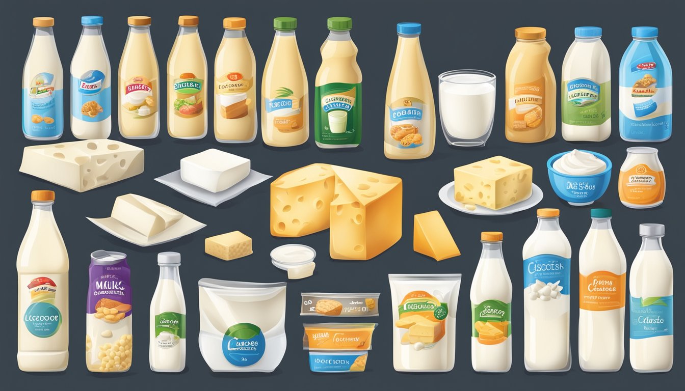 A variety of food items, including milk, cheese, yogurt, and packaged goods, with clear and visible food labels displaying lactose content