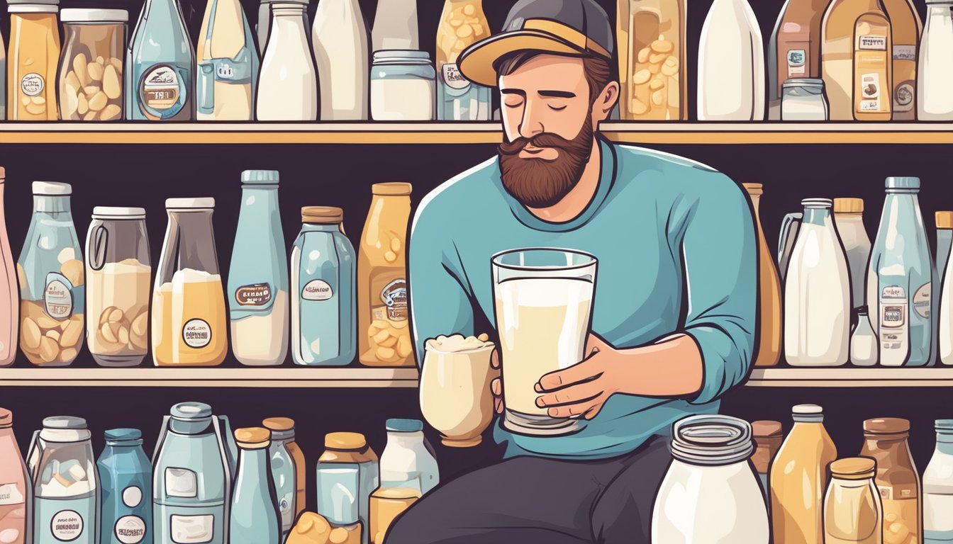 A person with lactose intolerance grimaces while holding a glass of milk, surrounded by various dairy products