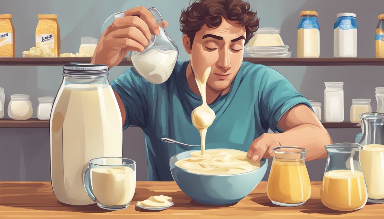 A table with various dairy products, a measuring cup pouring excessive lactose, and a person with a distressed expression