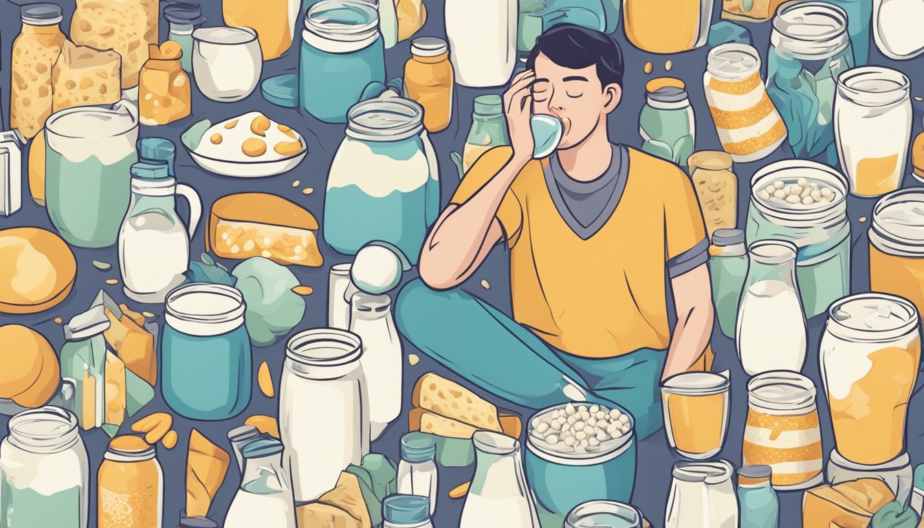 A person with lactose intolerance surrounded by various dairy products, looking overwhelmed