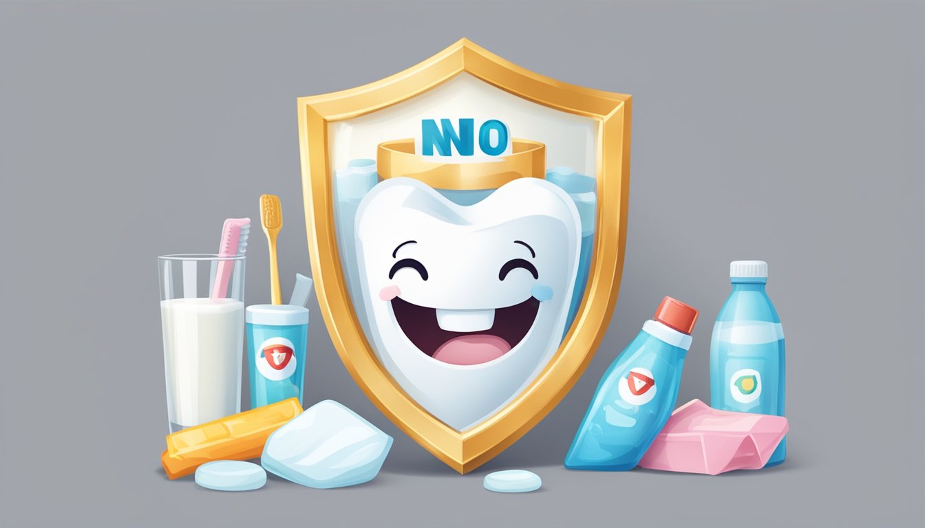 A smiling tooth surrounded by a shield, toothpaste, floss, and a glass of milk with a "no" symbol over it