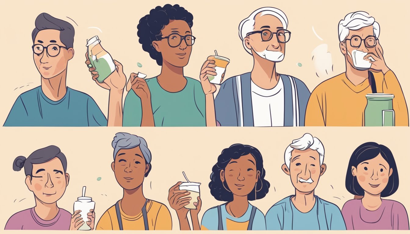 A diverse group of people of different ages experiencing discomfort after consuming dairy products, with a focus on their facial expressions and body language