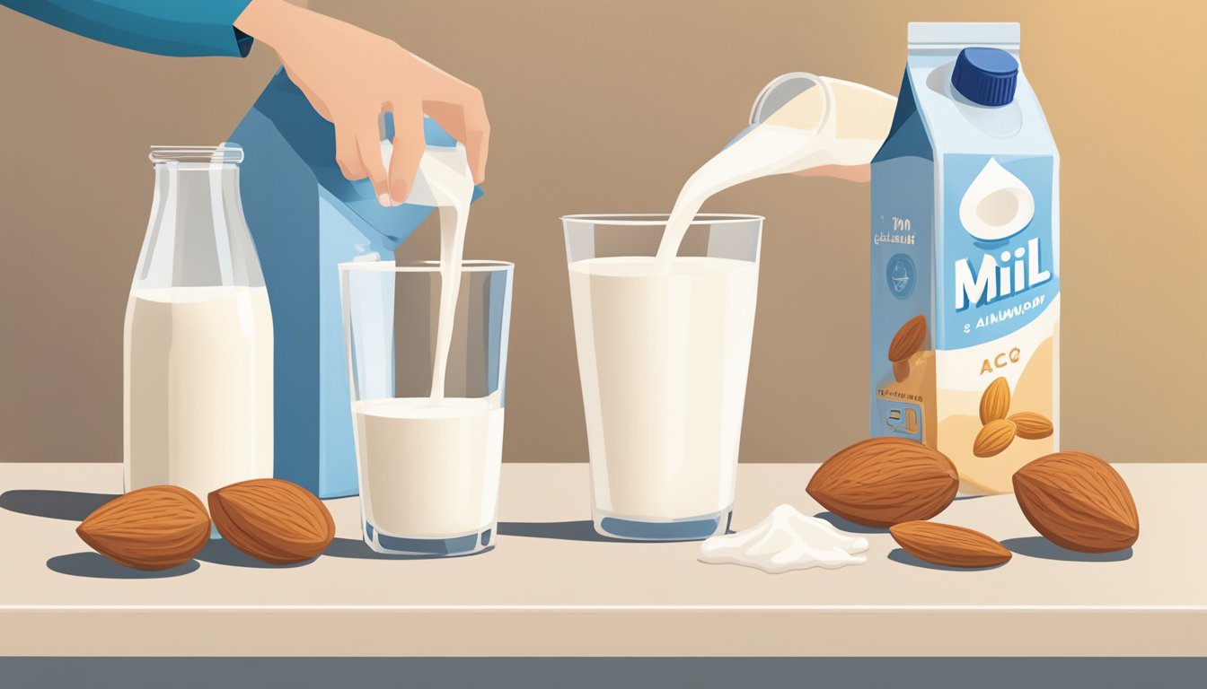 A person pouring almond milk into a glass, with a carton of almond milk and a cow's milk carton next to it. Some people may have a concern about lactose intolerance and are considering using almond milk as an alternative