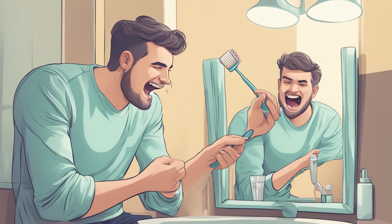 A person with lactose intolerance grimacing while holding a toothbrush and looking at a decayed tooth in the mirror