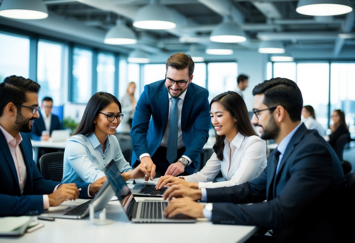 A bustling office with employees collaborating, using technology, and engaging in professional development