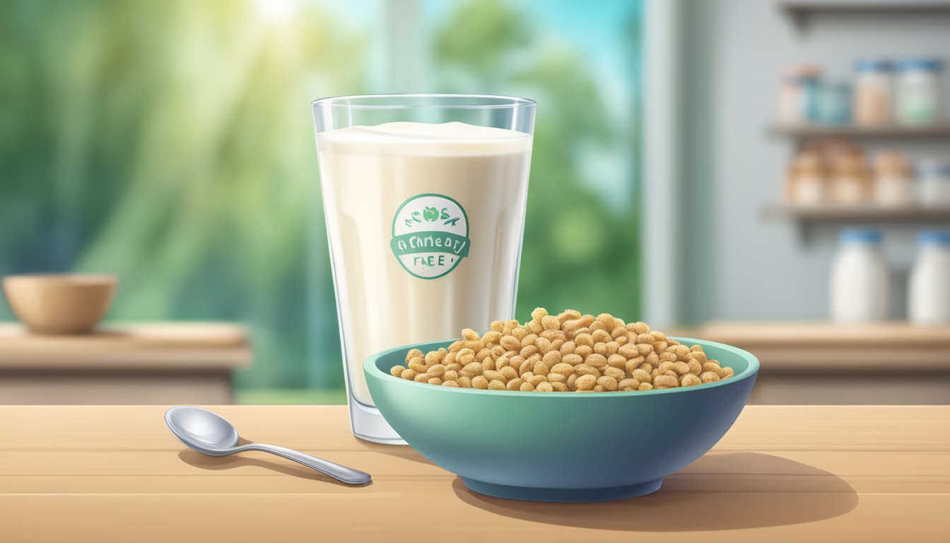 A glass of hemp milk next to a bowl of cereal, with a lactose-free label and a happy stomach symbol