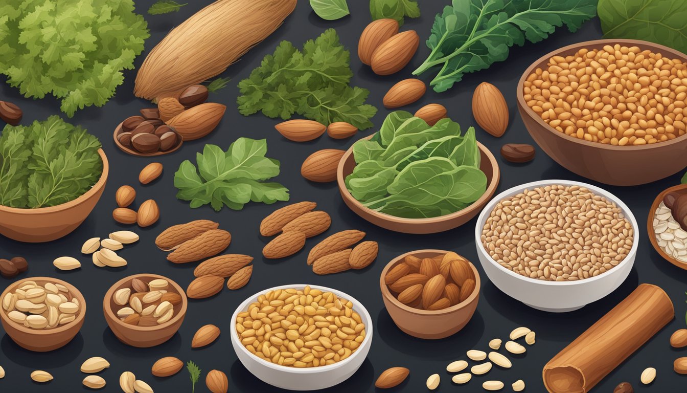 A variety of copper-rich foods arranged on a table, including nuts, seeds, beans, whole grains, and leafy greens