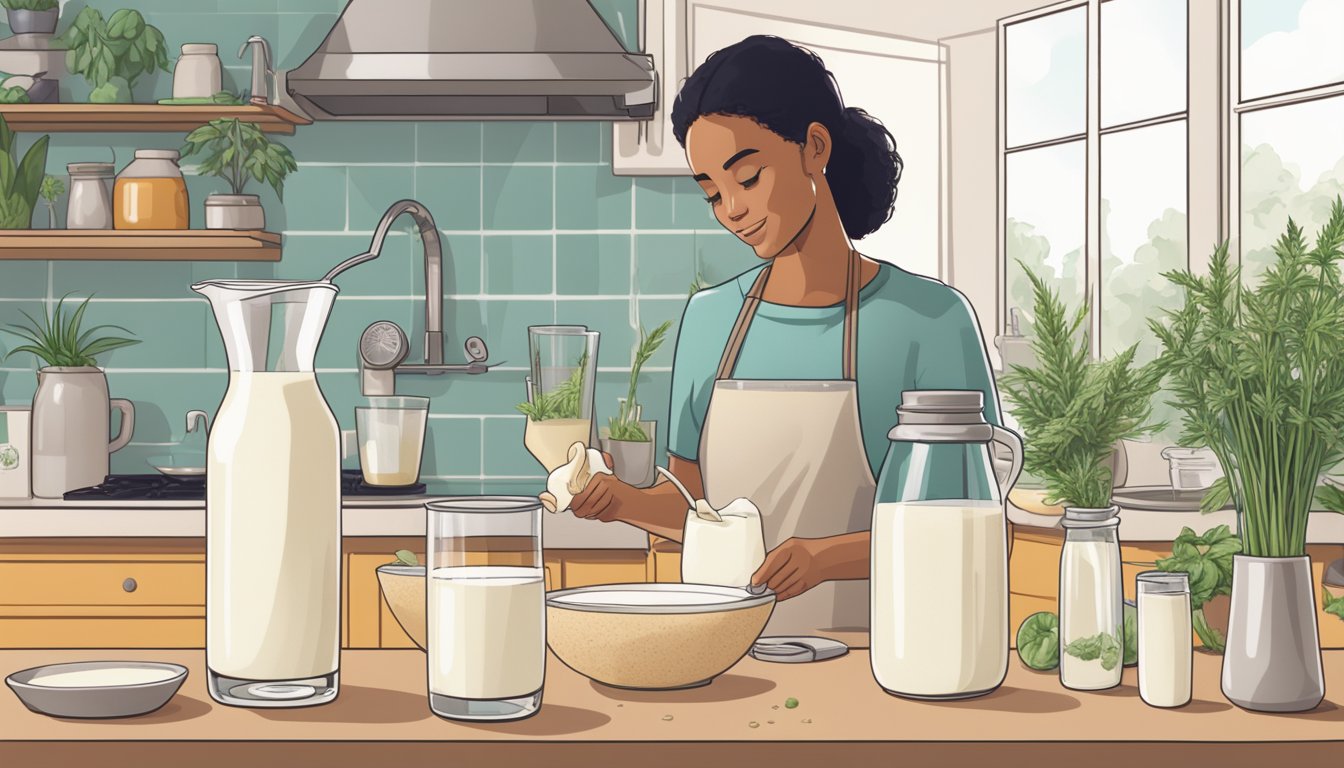 A person pouring hemp milk into a glass, surrounded by various plant-based milk options on a kitchen counter