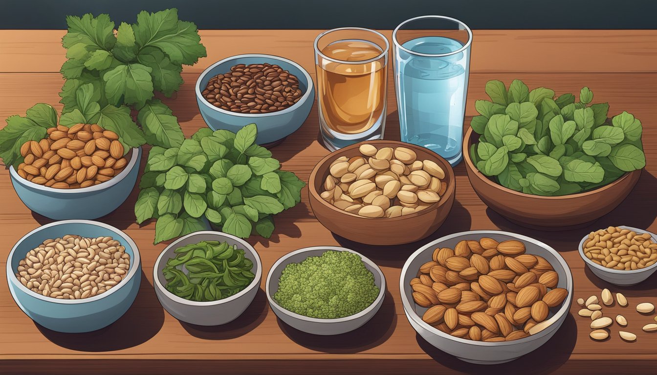 A variety of copper-rich foods arranged on a table, including nuts, seeds, leafy greens, and beans, with a glass of water nearby