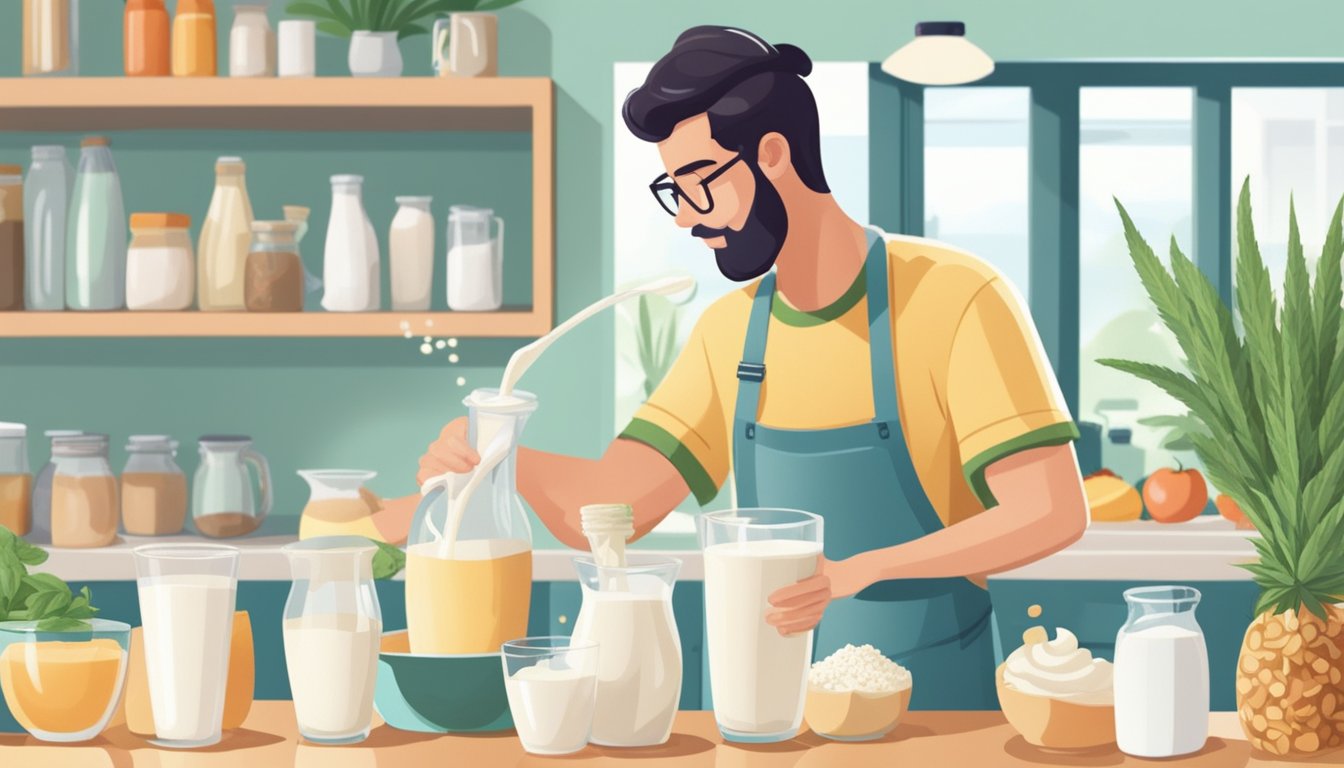 A person pouring hemp milk into a glass, surrounded by various dairy and non-dairy milk options on a kitchen counter