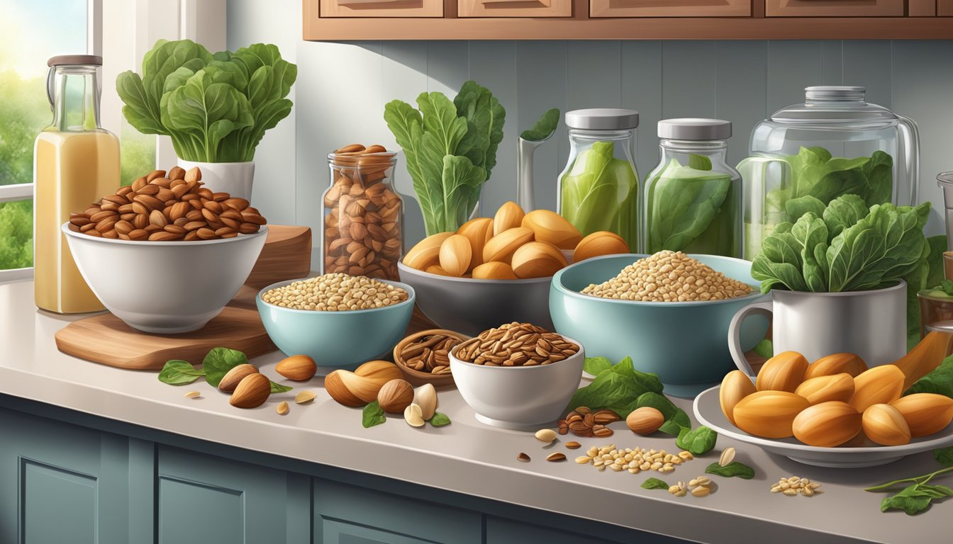 A kitchen counter with a variety of lactose-free foods and copper-rich ingredients such as nuts, seeds, and leafy greens