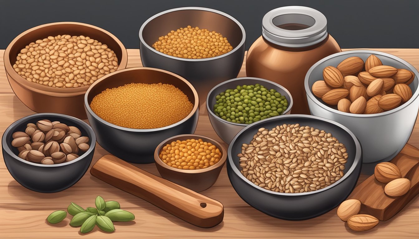 A variety of non-dairy sources of copper, such as nuts, seeds, and legumes, arranged on a wooden cutting board with a copper measuring cup