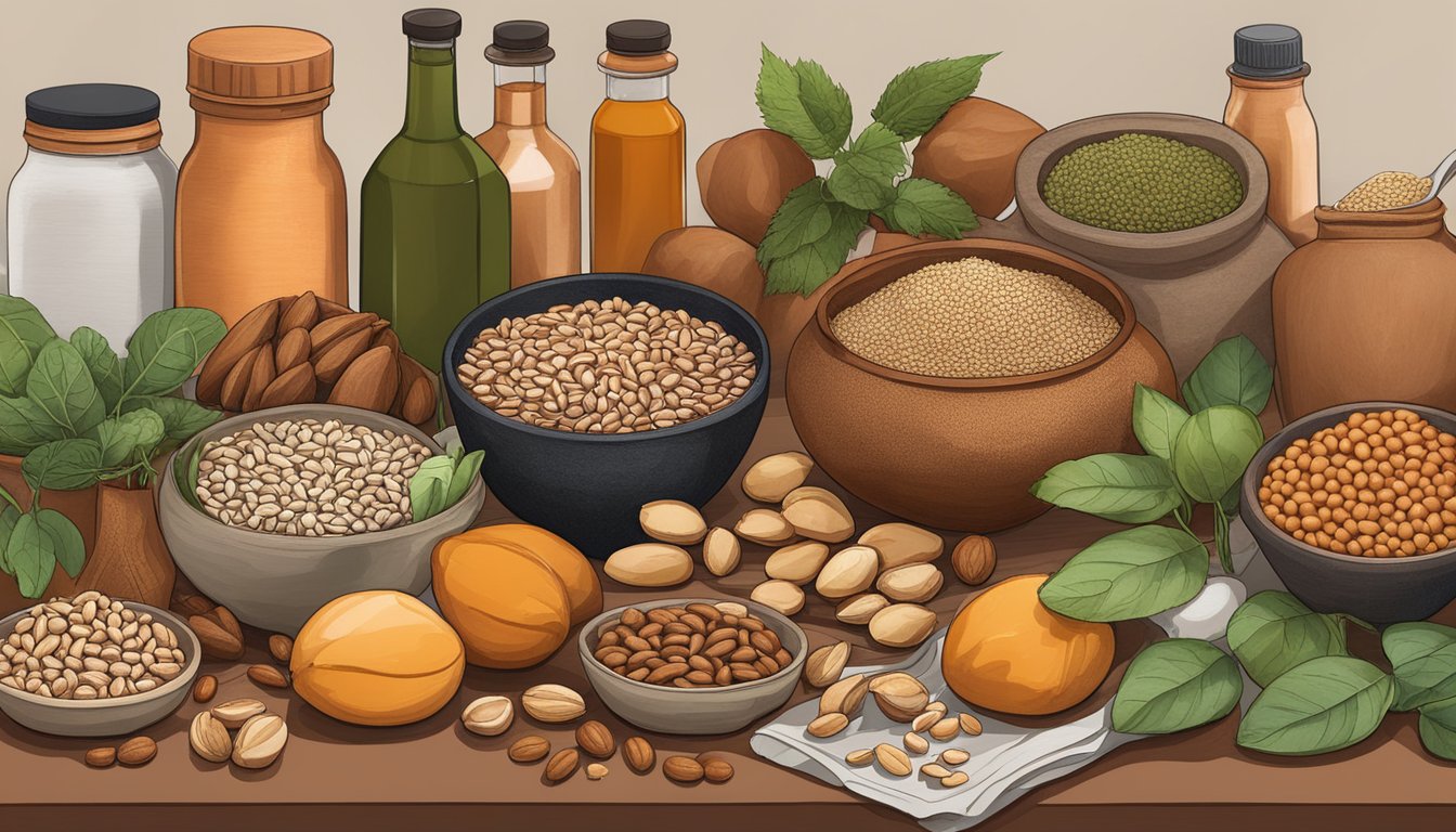 A variety of plant-based foods rich in copper, such as nuts, seeds, and legumes, displayed on a table with a bottle of copper supplement next to them