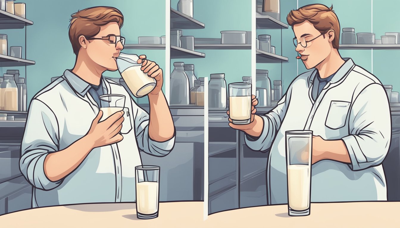 A person drinking a glass of milk, then experiencing discomfort and bloating. Later, they undergo a lactose intolerance test at a medical lab