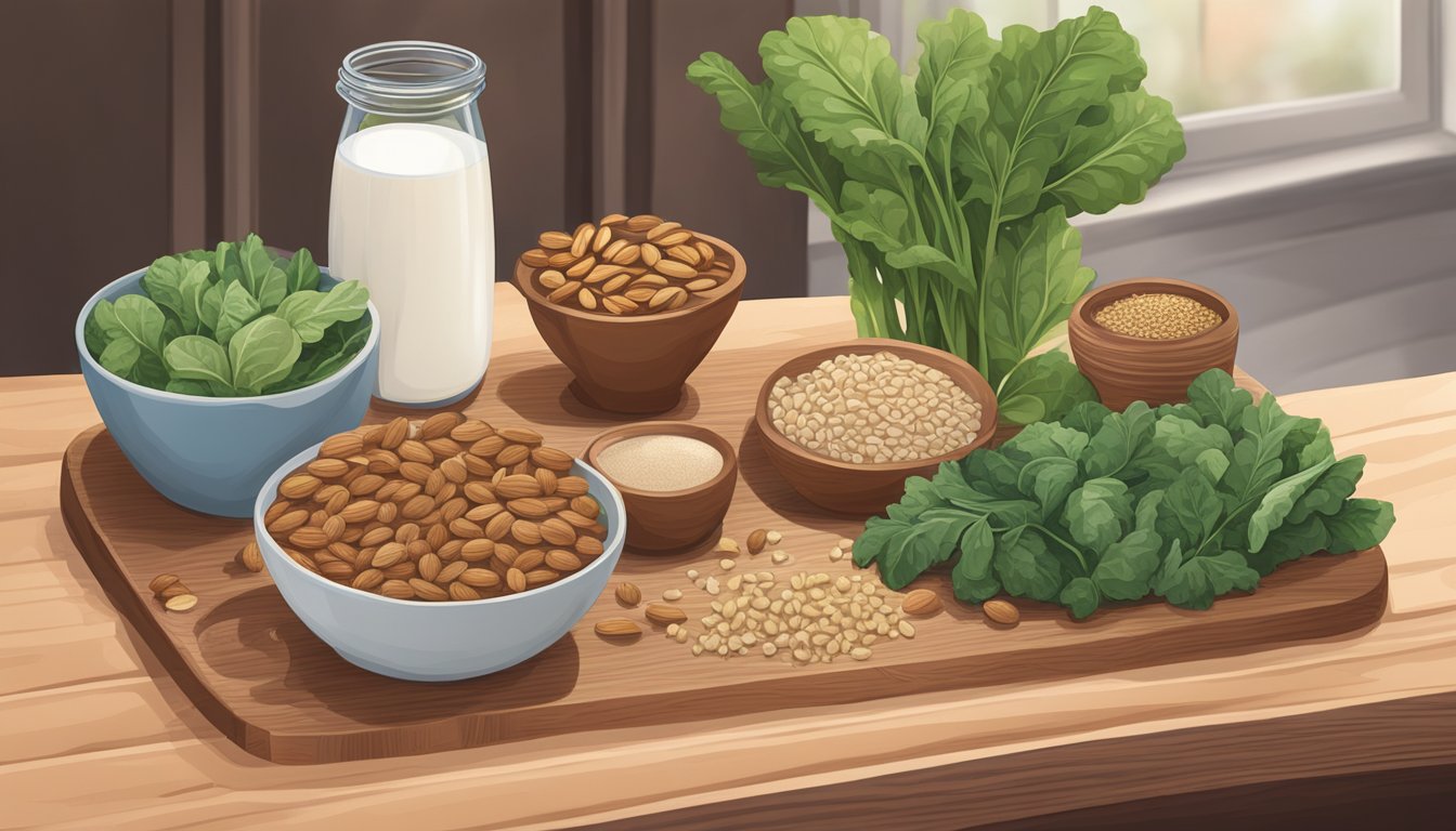 A variety of copper-rich foods, such as leafy greens, nuts, and seeds, are arranged on a wooden cutting board. A glass of fortified non-dairy milk sits nearby