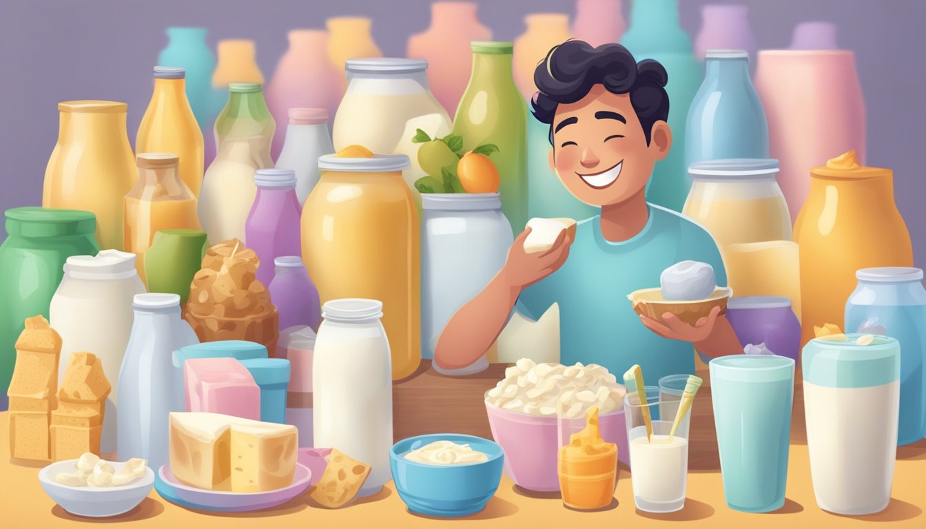 A person happily enjoying a variety of dairy products without any discomfort or digestive issues