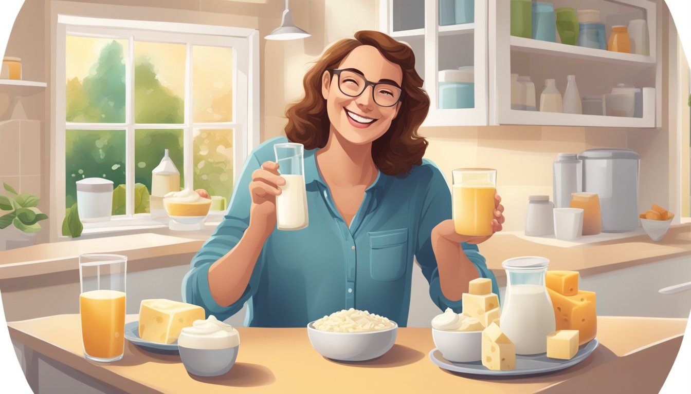 A person happily enjoying a variety of dairy products without any discomfort or symptoms of lactose intolerance