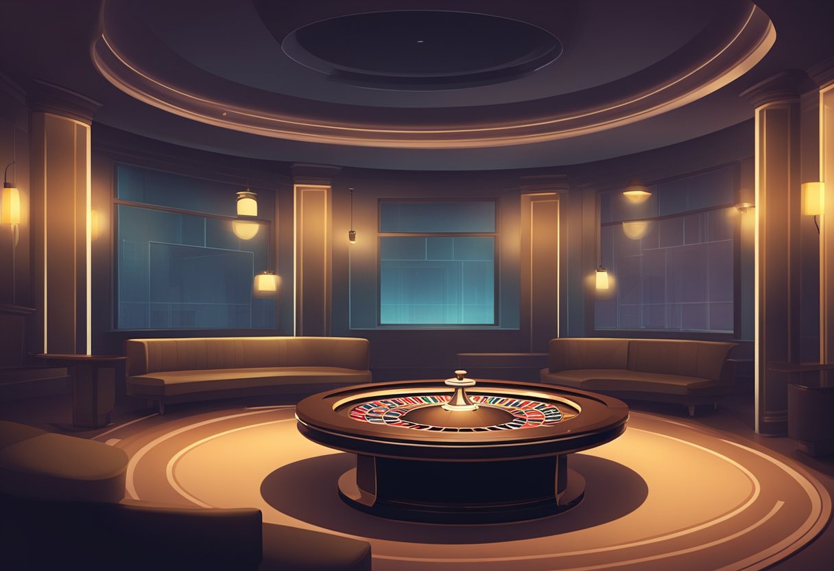 A dimly lit room with a sleek, modern interface. A solitary roulette wheel spins quietly in the center, casting soft shadows on the surrounding tables