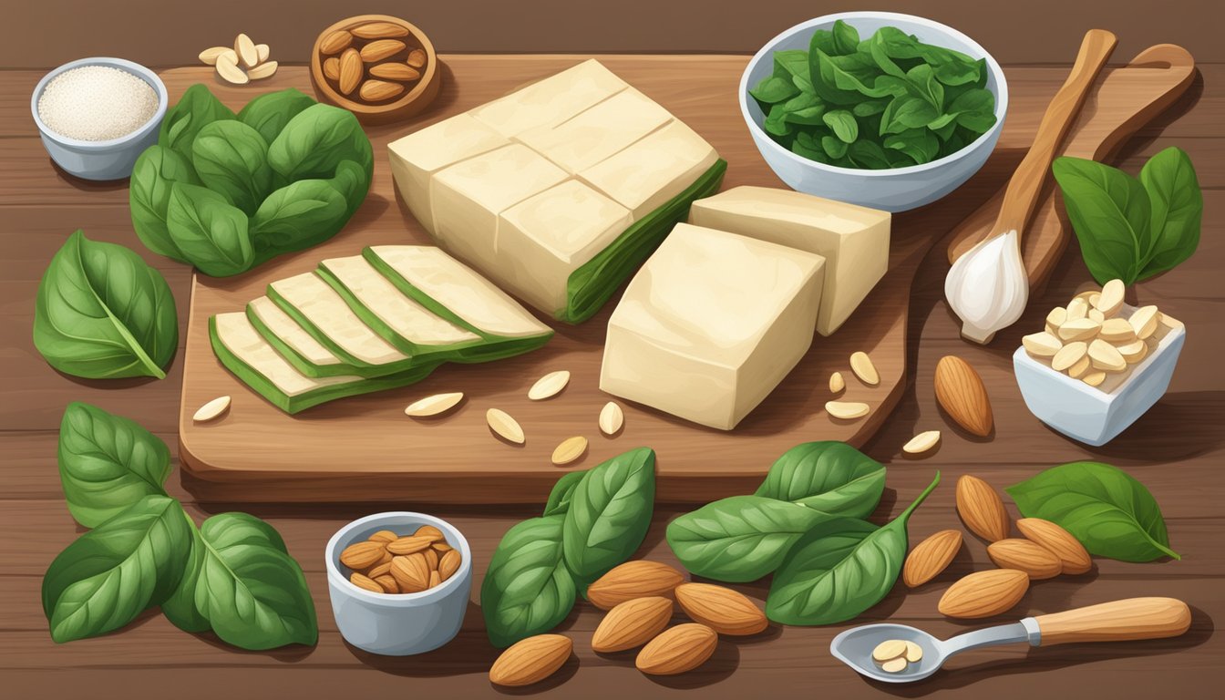 A variety of magnesium-rich foods like spinach, almonds, and tofu arranged on a wooden cutting board