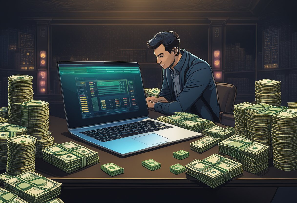 A shadowy figure logs onto a laptop in a dimly lit room, surrounded by stacks of cash and a sleek, modern casino website on the screen