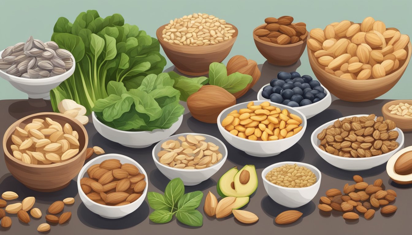 A variety of non-dairy foods rich in magnesium, such as nuts, seeds, and leafy greens, displayed on a kitchen counter