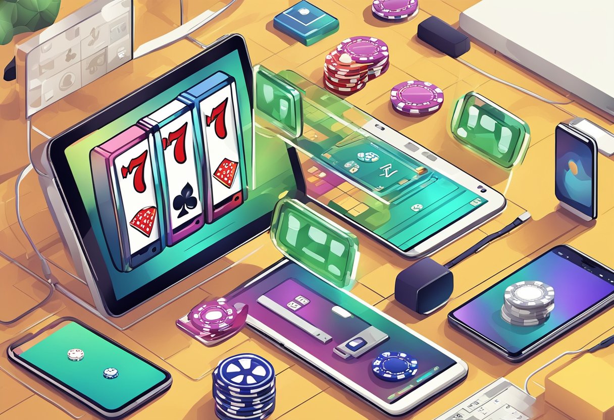 A sleek smartphone with a casino app on the screen, surrounded by modern gadgets and devices