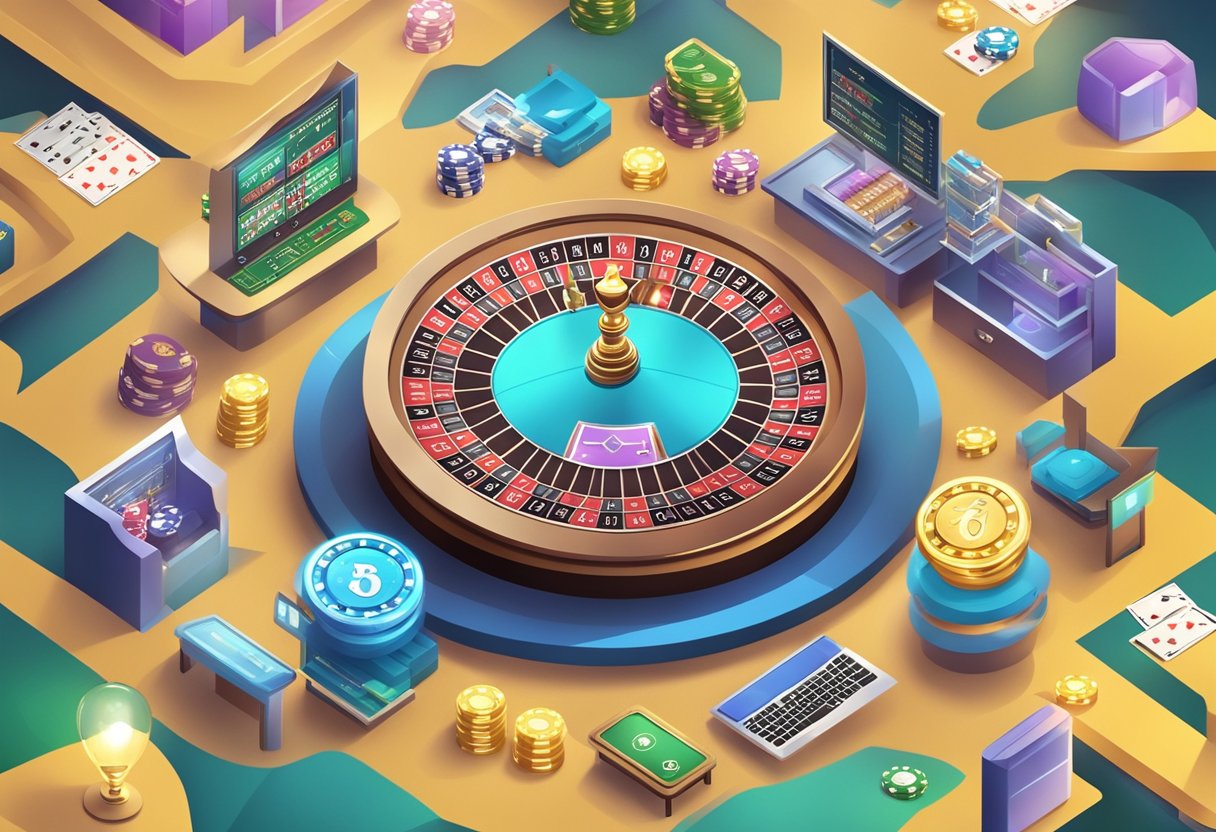 A sleek, modern online casino surrounded by a shield of regulatory and safety symbols