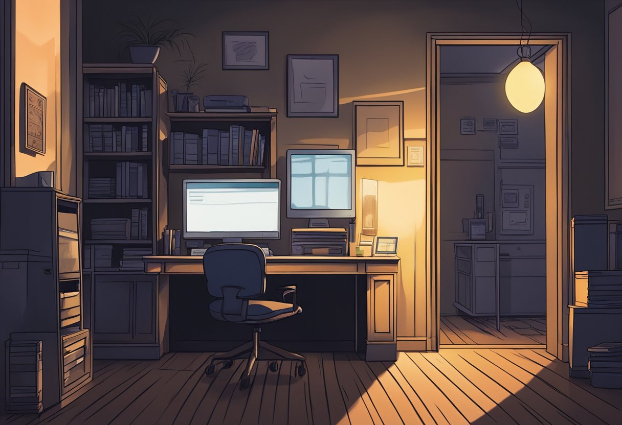 A dimly lit room with a glowing computer screen, surrounded by shadows and secrecy