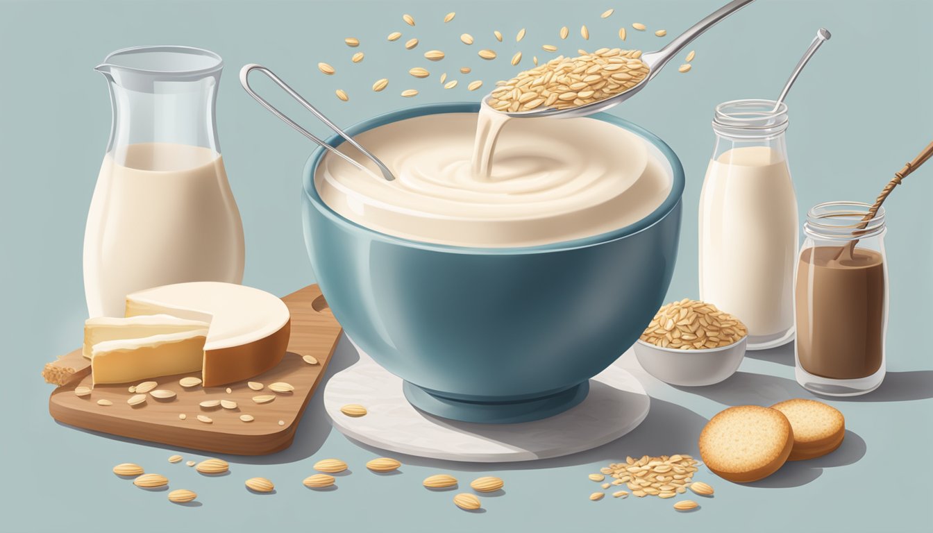 A glass of oat milk being poured into a mixing bowl surrounded by various baking ingredients and utensils