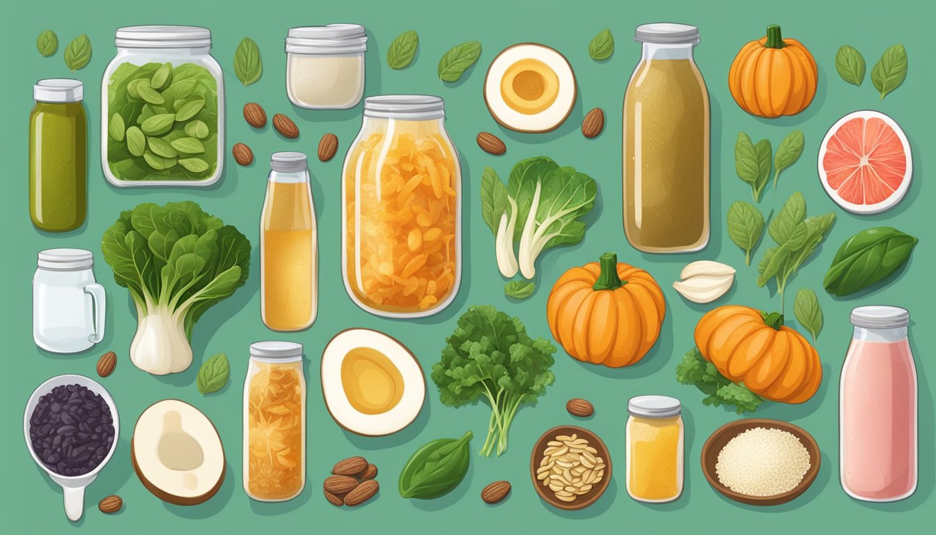 A variety of non-dairy probiotic sources such as kimchi, sauerkraut, and kombucha are depicted alongside magnesium-rich foods like spinach, almonds, and pumpkin seeds