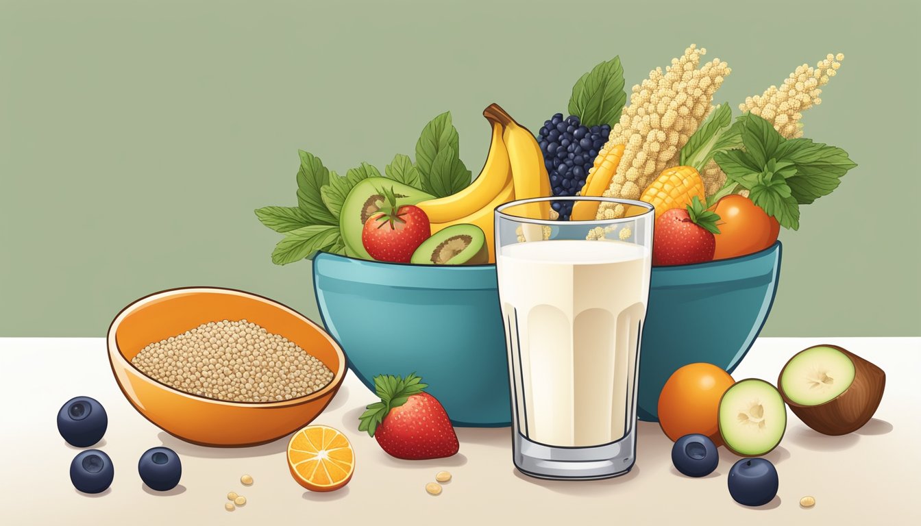 A glass of quinoa milk with a bowl of quinoa grains and a variety of fruits and vegetables arranged around it, symbolizing the health and nutritional benefits of quinoa milk as a good alternative for lactose intolerance