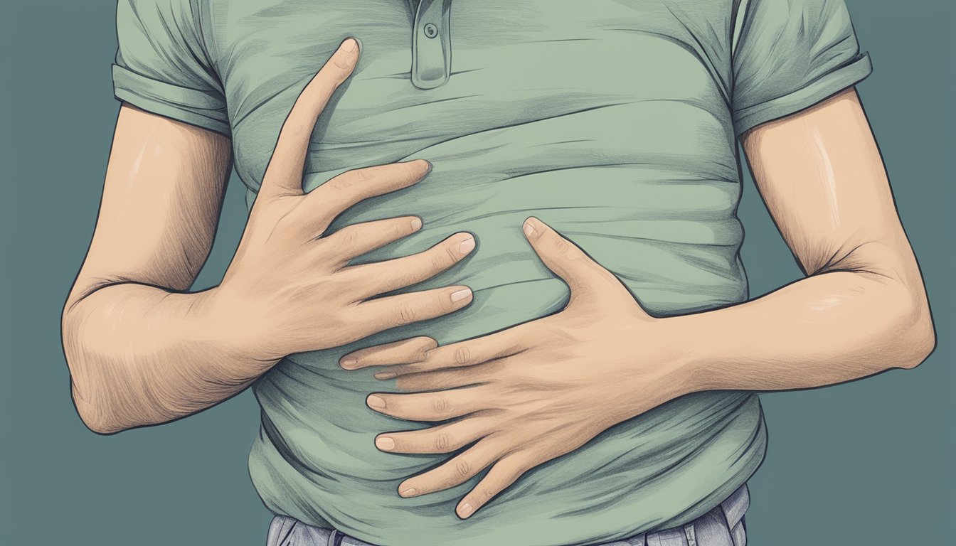 A person holding their stomach in discomfort, while their skin shows signs of irritation and redness