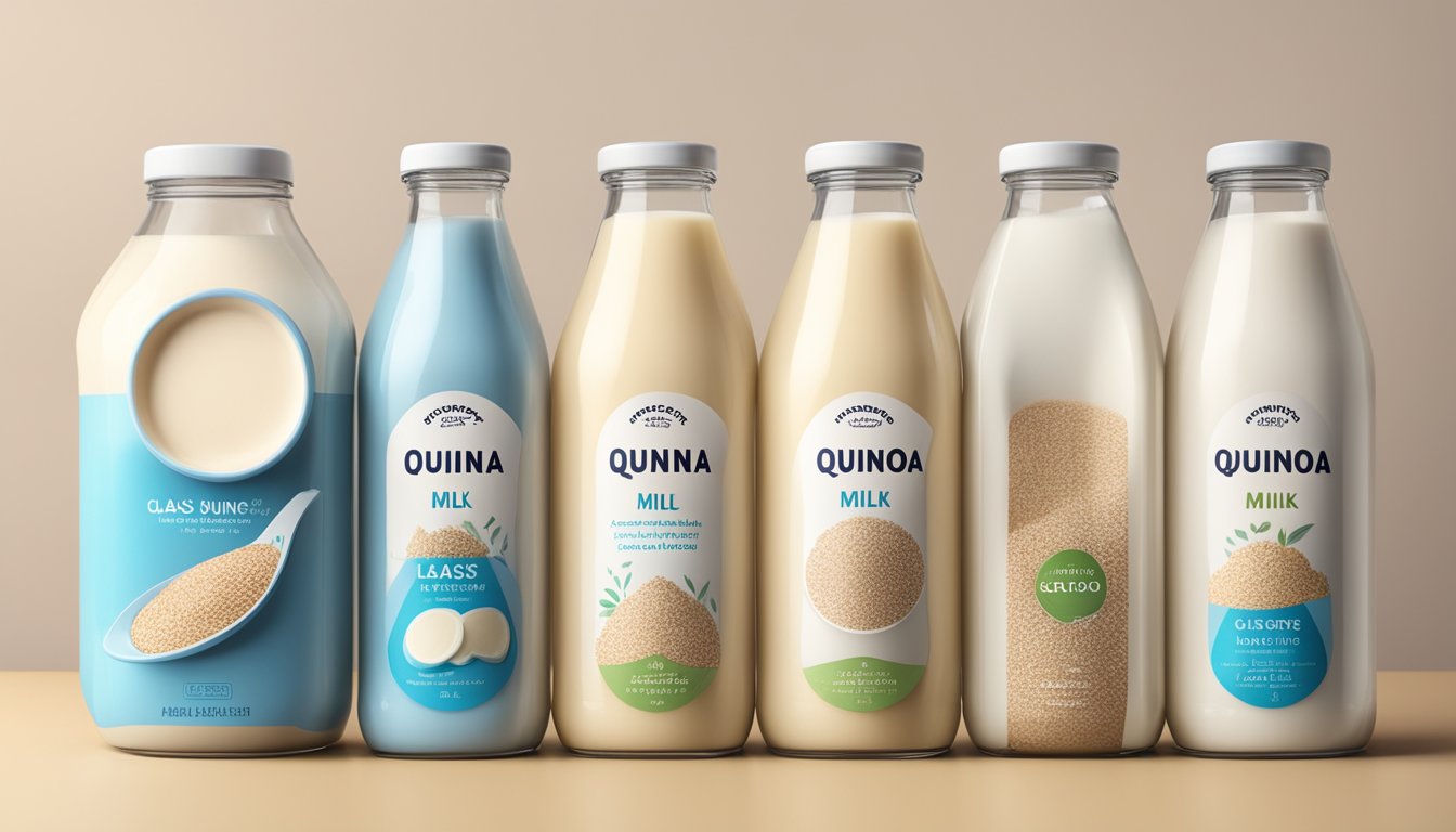 A glass of quinoa milk sits next to other milk alternatives, with a lactose intolerance label visible