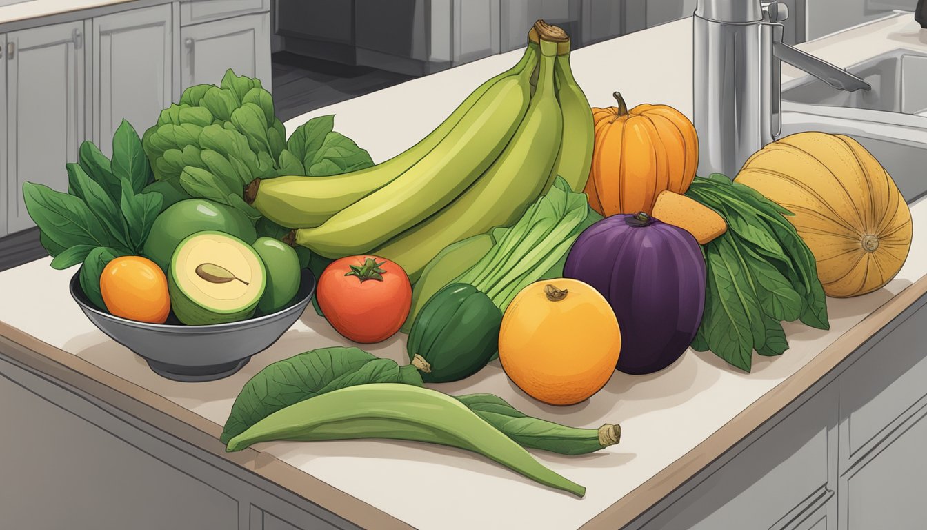 A variety of fruits and vegetables arranged on a kitchen counter, including bananas, spinach, sweet potatoes, and avocados