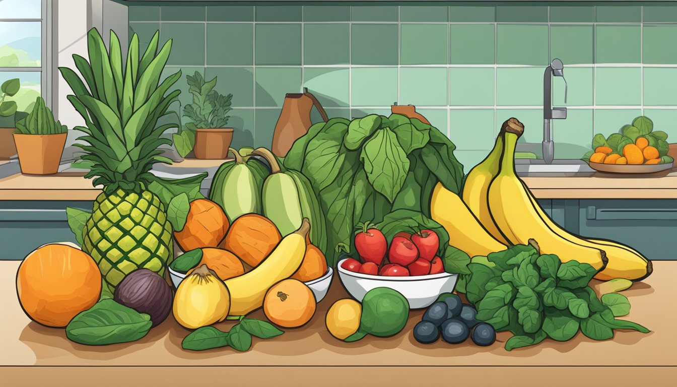 A colorful array of fruits and vegetables, including bananas, sweet potatoes, spinach, and avocados, arranged on a kitchen counter